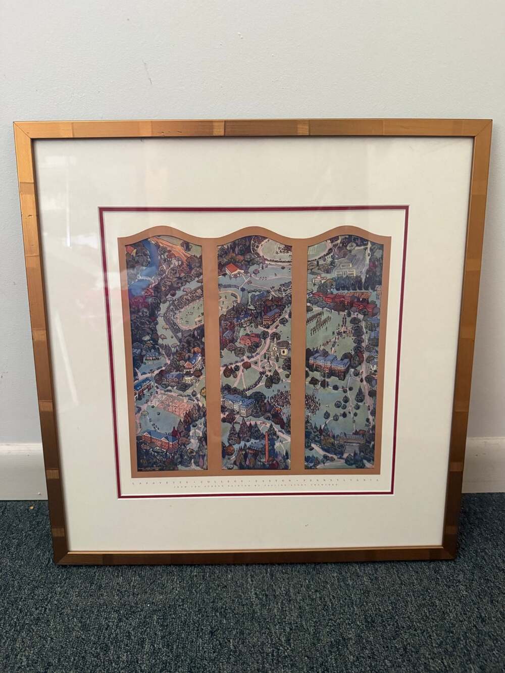 Signed Framed Stylized Map of Lafayette College Easton Pauline Crawford 20.5X20"
